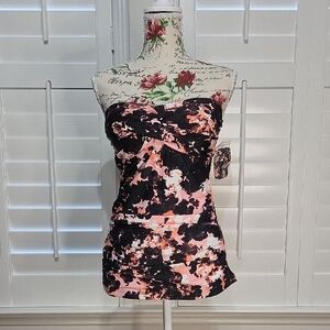 Strapless Floral Print Swim Tankini Top in Black & Pink